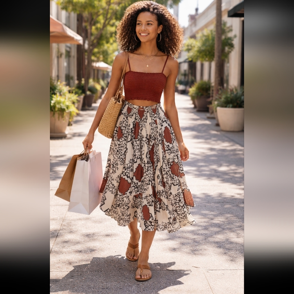 Anthropologie A-Line Skirt in Cream‎ and Brown